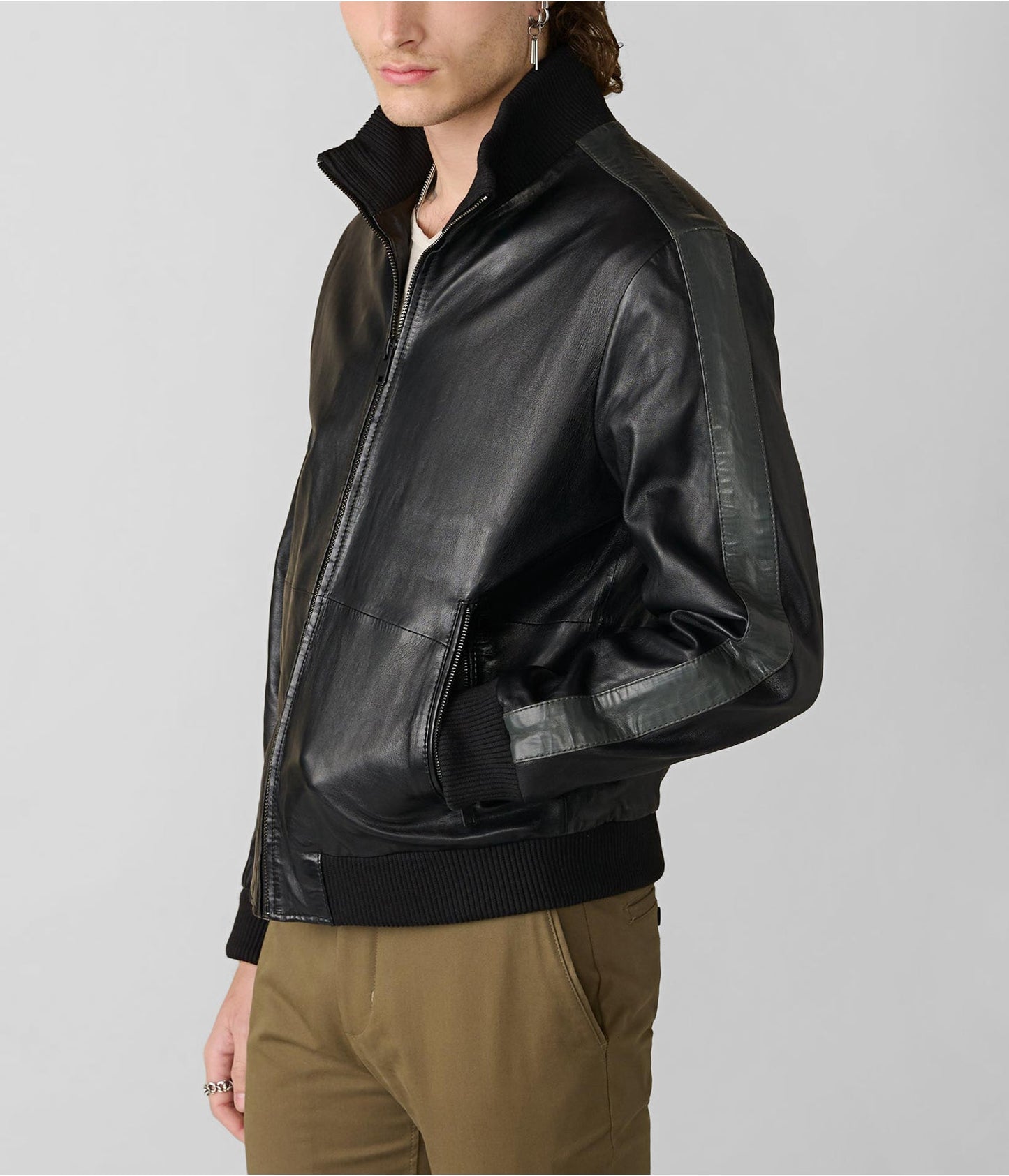 Men's Leather Bomber Jacket In Classic Black With Stripes