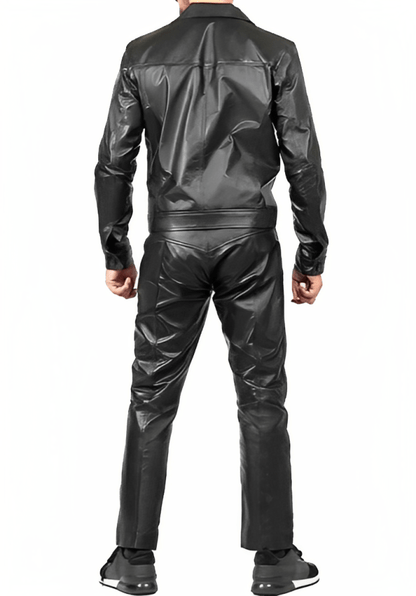 Men's Black Leather Jumpsuit with Patch Pockets