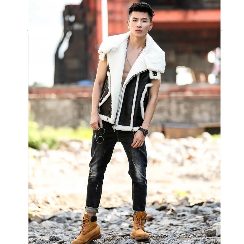 Men's Shearling Leather Vest In Black With Crackle Texture