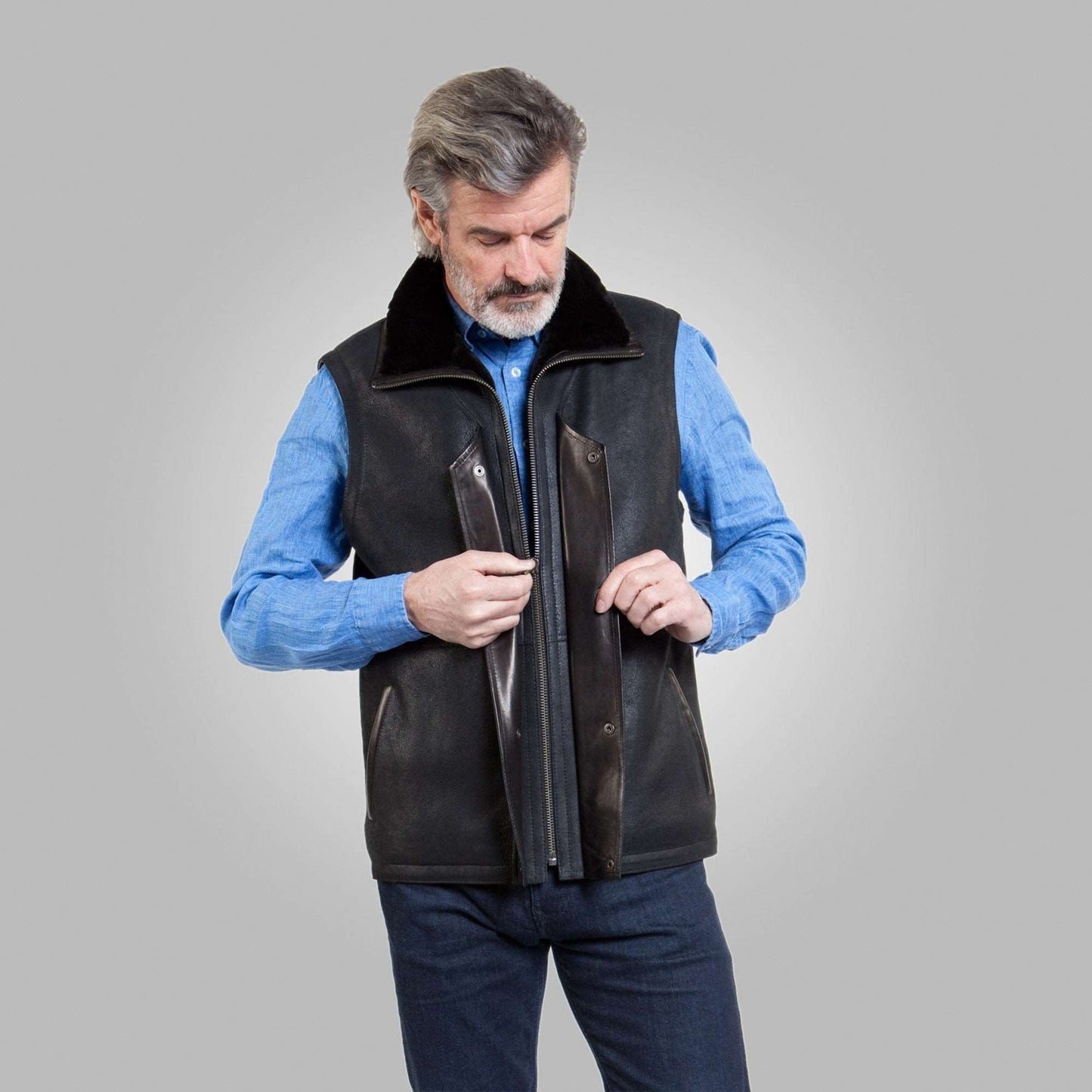 Men's Shearling Leather Vest In Black