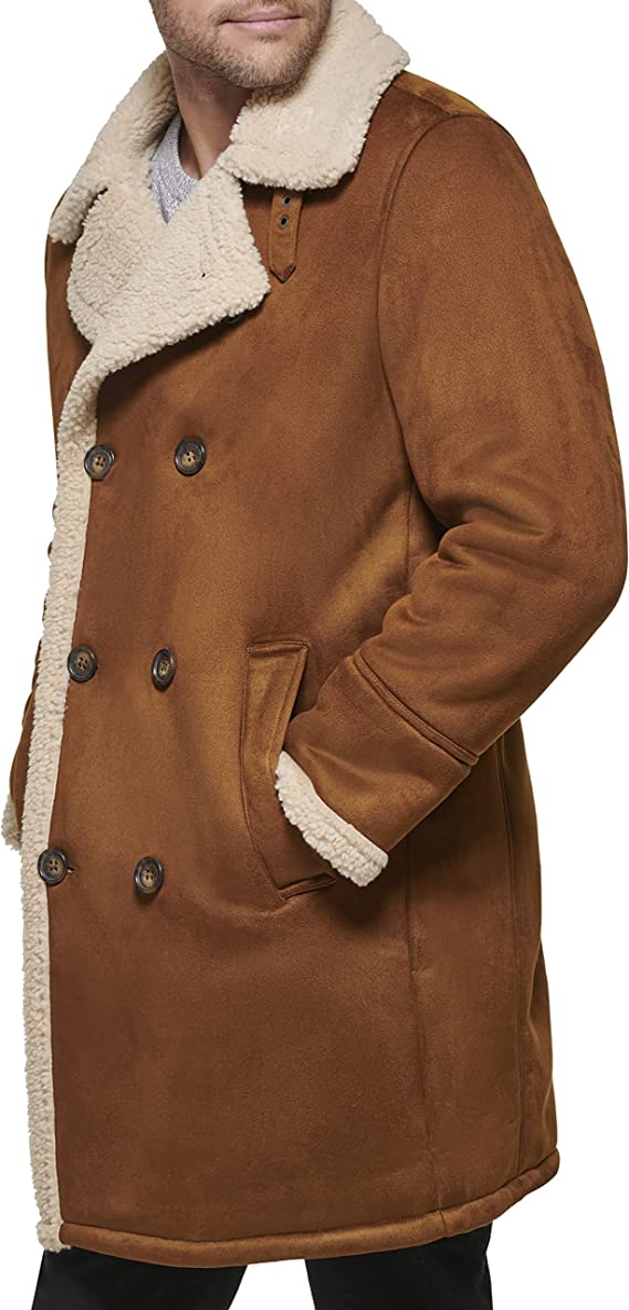 Men's Suede Leather Shearling Coat In Tan Brown