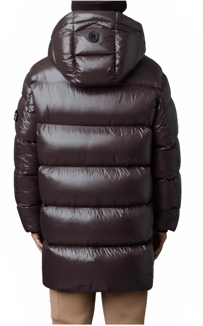 Men's Trench Puffer Coat In Chocolate Brown With Removable Hood