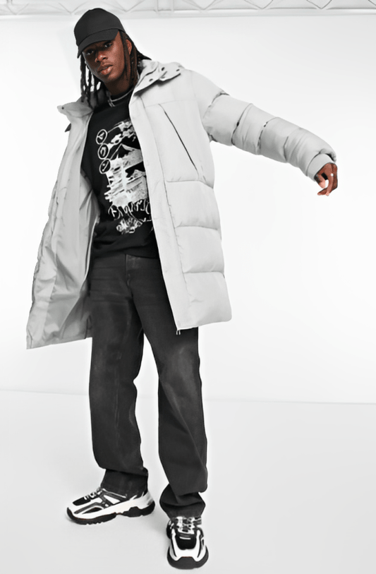 Men's Trench Puffer Coat In White With Removable Hood