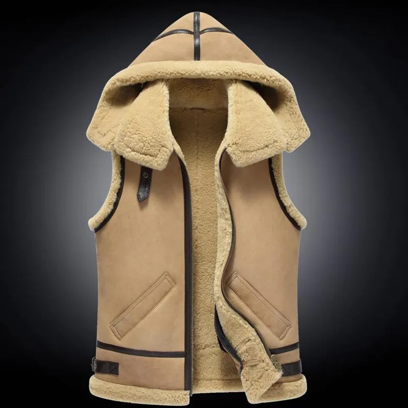 Men's Shearling Leather Vest In Beige With Removable Hood