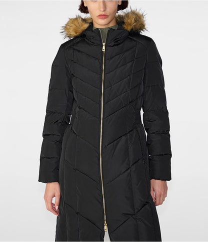 Women's Fur Hooded Puffer Trench Coat In Black