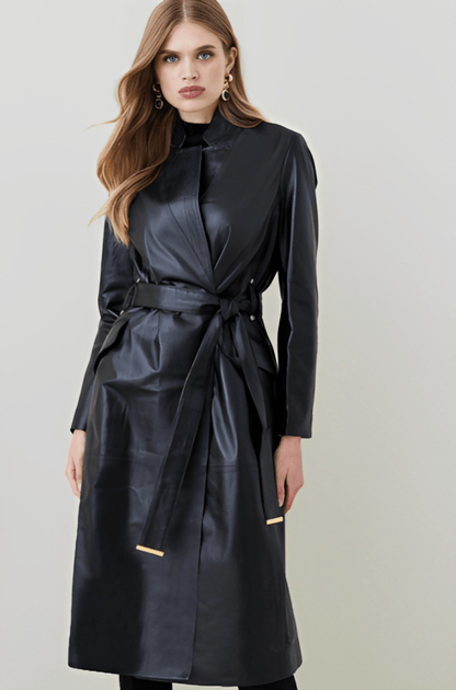 Women's Leather Trench Coat In Black