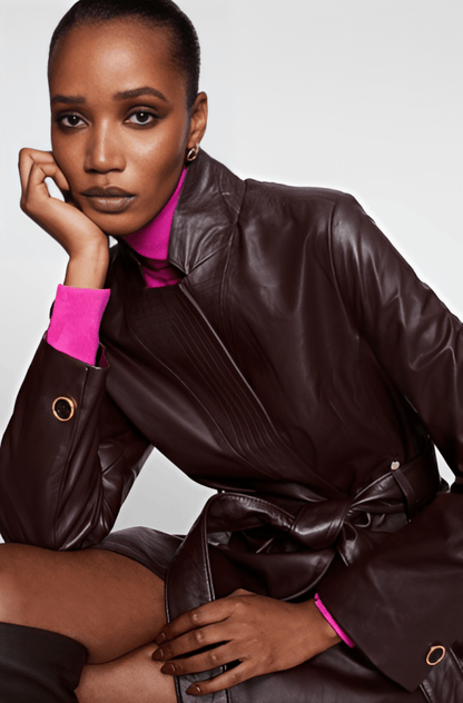 Women's Leather Trench Coat In Dark Brown