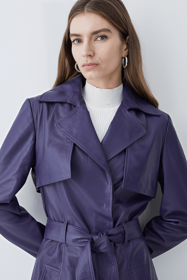 Women's Leather Trench Coat In Purple