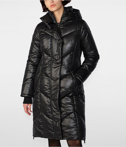 Women's Quilted Puffer Trench Coat In Black