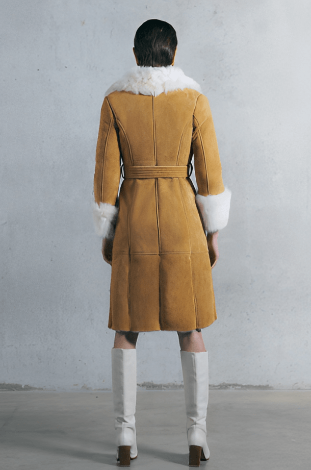 Women's Suede Leather Shearling Coat In Tan Brown