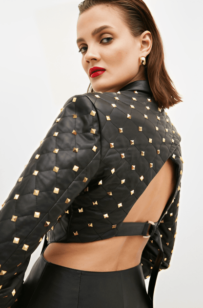 Women's Quilted Studded Leather Blazer In Black