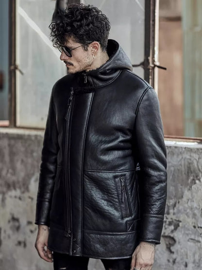 Men's Fur Shearling Leather Coat In Black With Hood