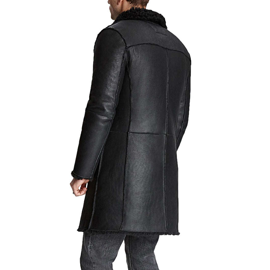 Mens Black Leather Faux Shearling Coat