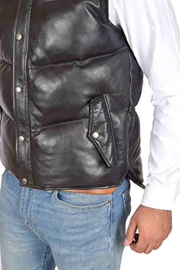 Men's Leather Puffer Vest In Black