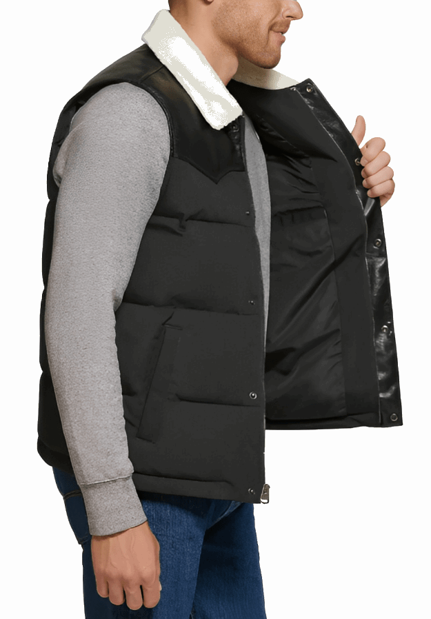 Men's Puffer Leather Vest In Black With Shearling Collar