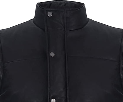 Men's Puffer Leather Vest In Black