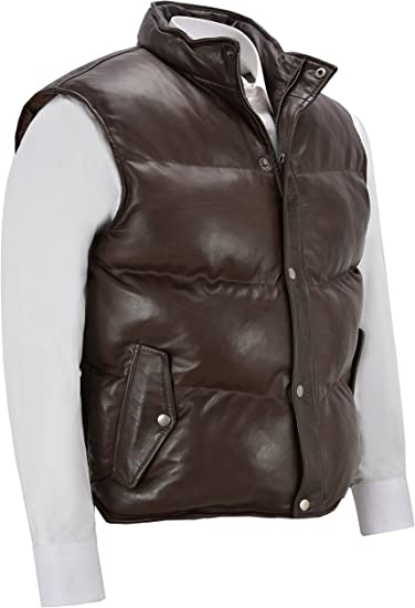 Men's Puffer Leather Vest In Chocolate Brown
