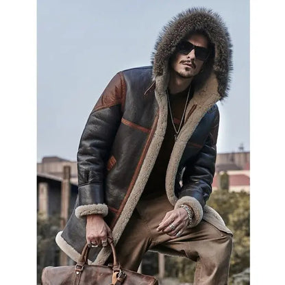 Men's Shearling Leather Coat In Black With Hood