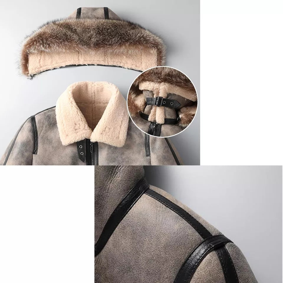 Men's Shearling Leather Coat In Gray With Removable Hood