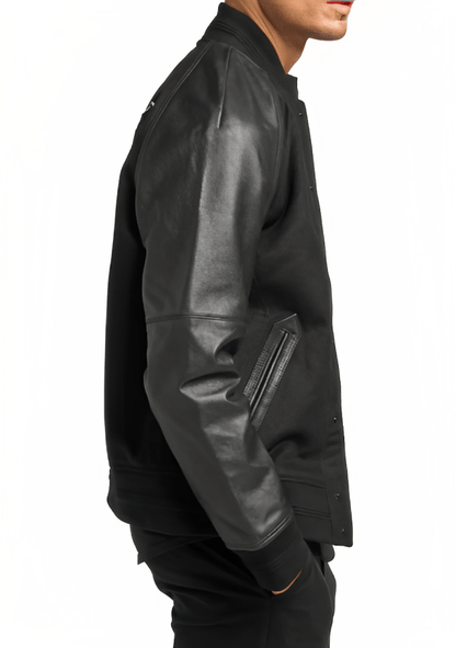 Men's Varsity Bomber Leather Jacket In Black