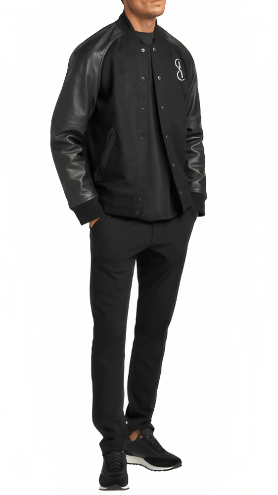 Men's Varsity Bomber Leather Jacket In Black
