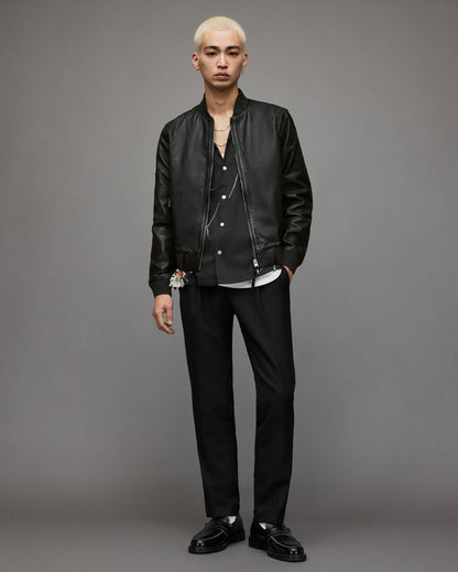 Men's Classic Leather Bomber Jacket In Black