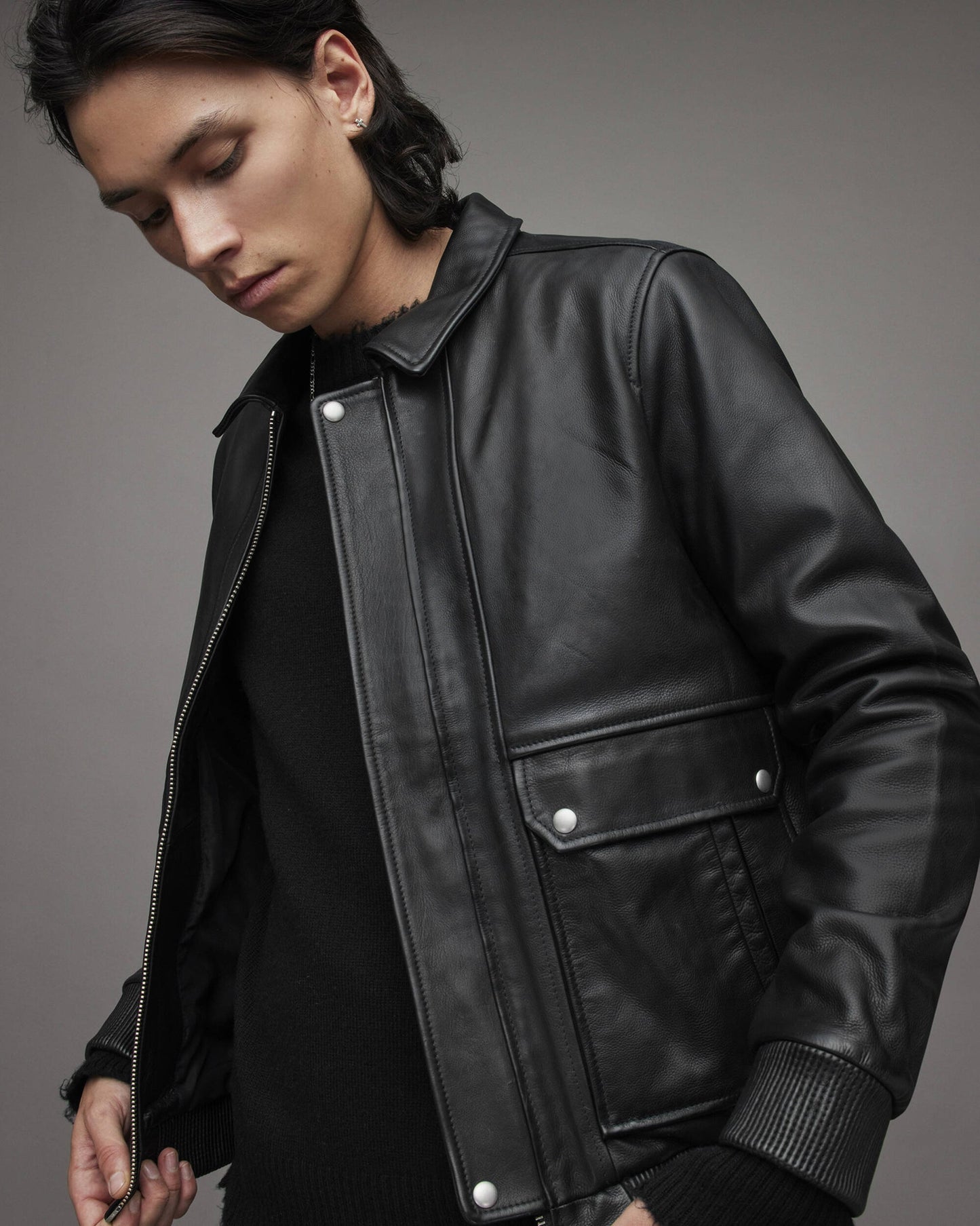 Men's Leather Bomber Harrington Jacket In Black