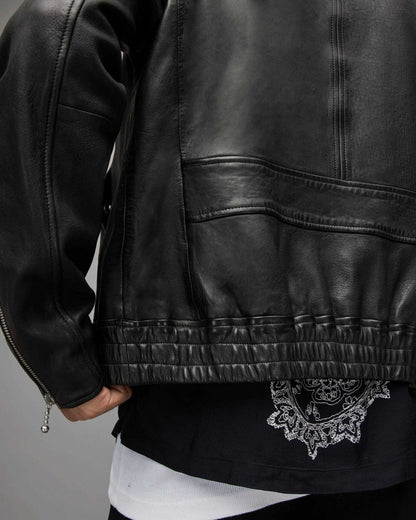 Men's Harrington Leather Bomber Jacket In Black