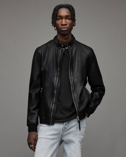 Men's Leather Bomber Jacket In Black With Dual Collar