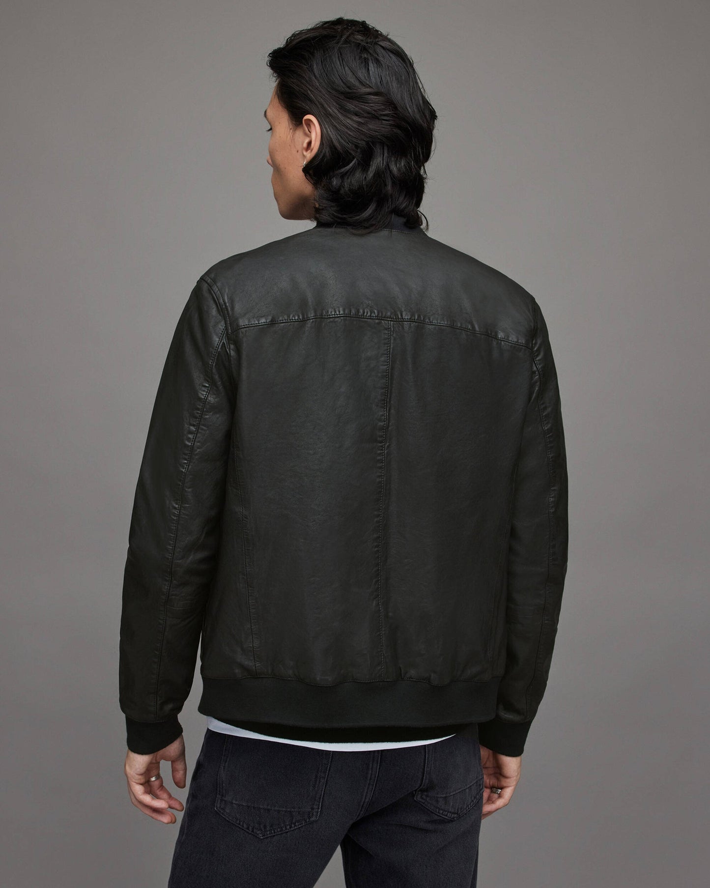 Men's Leather Bomber Jacket In Black