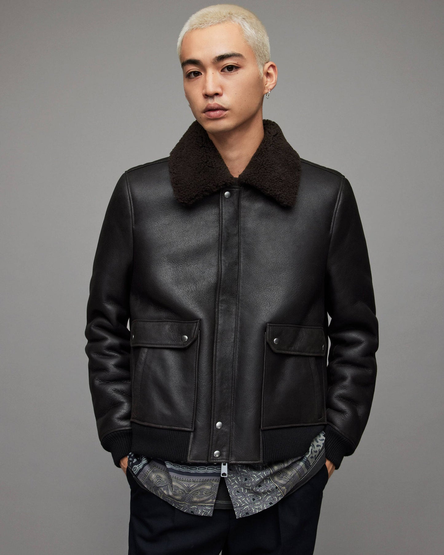 Men's Leather Shearling Bomber Jacket In Black