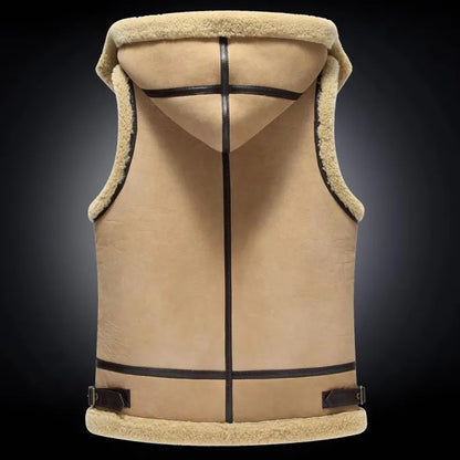 Men's Shearling Leather Vest In Beige With Removable Hood
