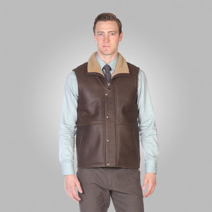 Men's Shearling Leather Vest In Chocolate Brown