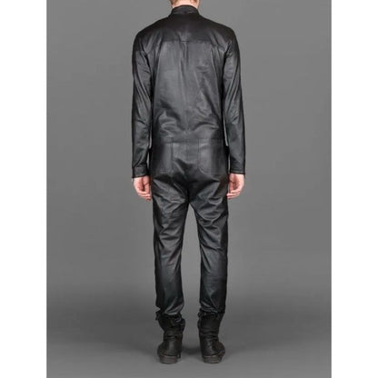 Men's Slim Fit Black Leather Jumpsuit With Front Zip