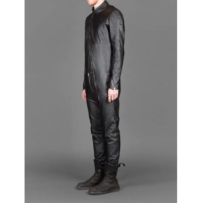 Men's Slim Fit Black Leather Jumpsuit With Front Zip