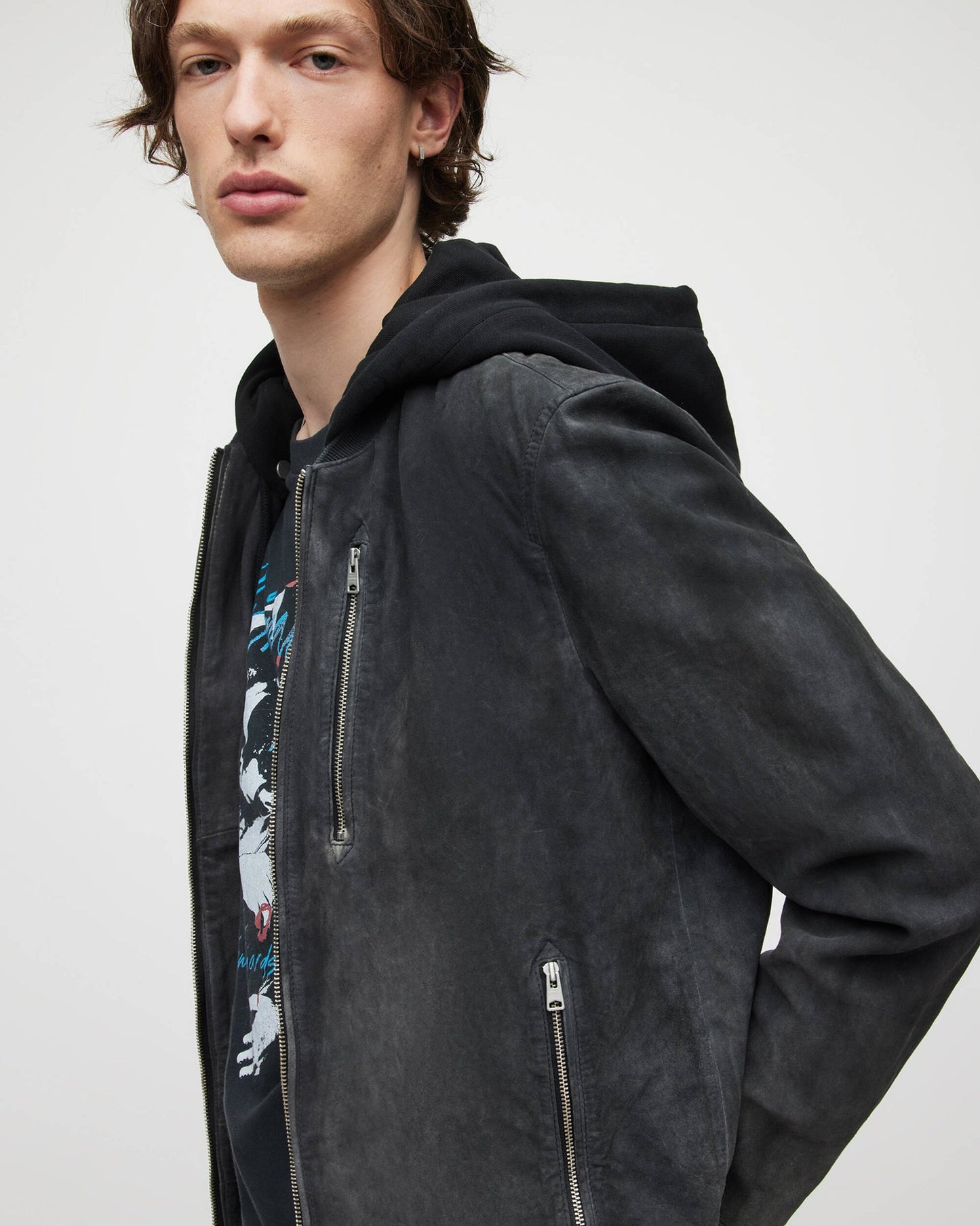 Men's Suede Leather Bomber Jacket In Black With Removable Hood