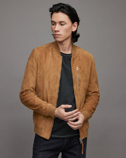 Men's Suede Leather Bomber Jacket In Brown