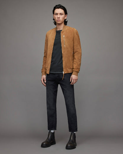 Men's Suede Leather Bomber Jacket In Brown