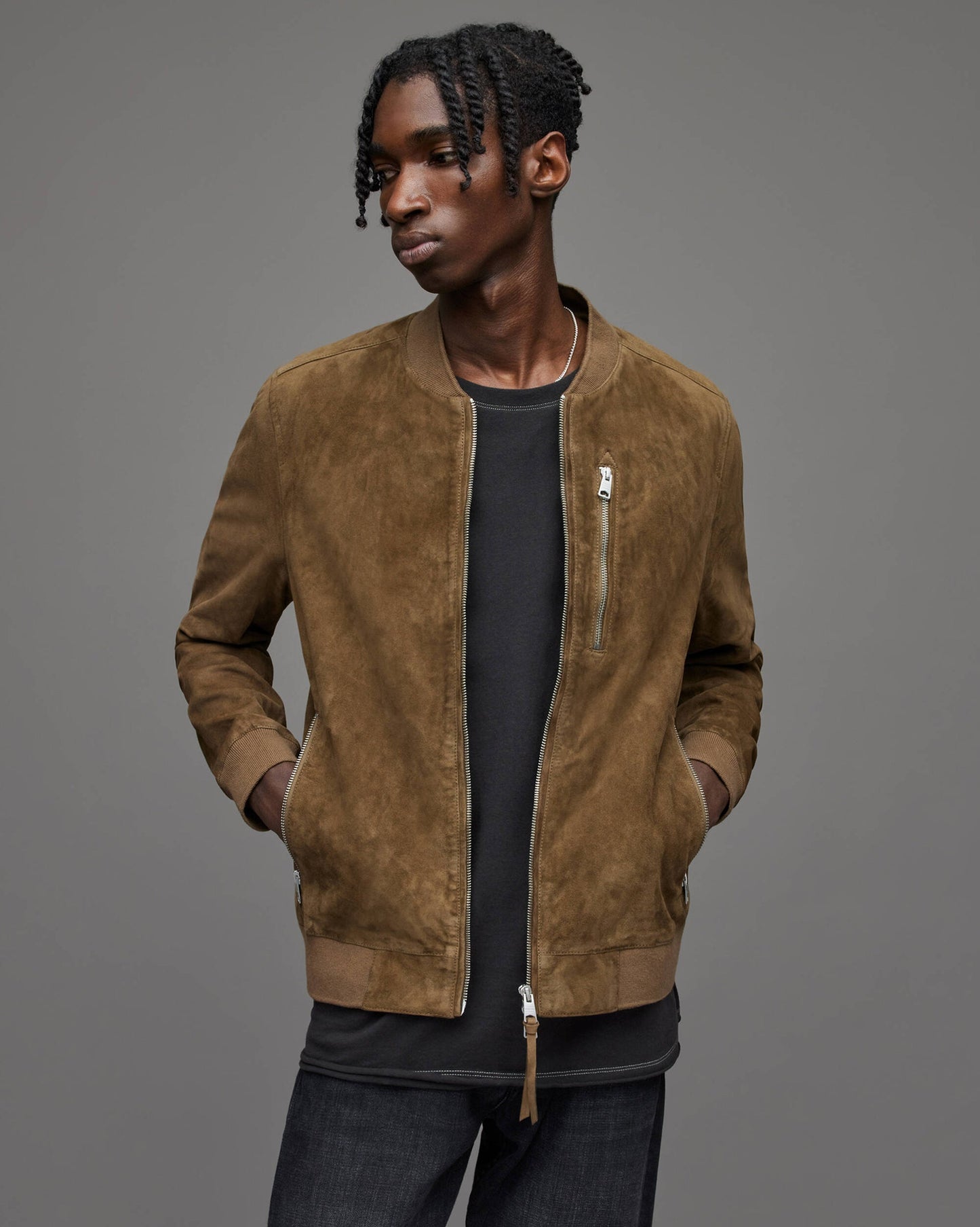Men's Suede Leather Bomber Jacket In Tan Brown