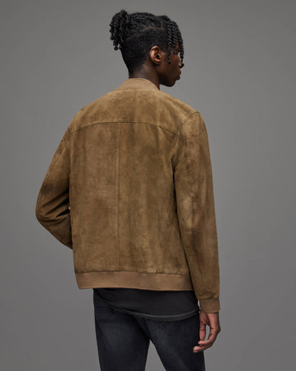 Men's Suede Leather Bomber Jacket In Tan Brown