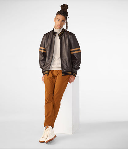 Men's Leather Bomber Jacket In Dark Brown With Stripes