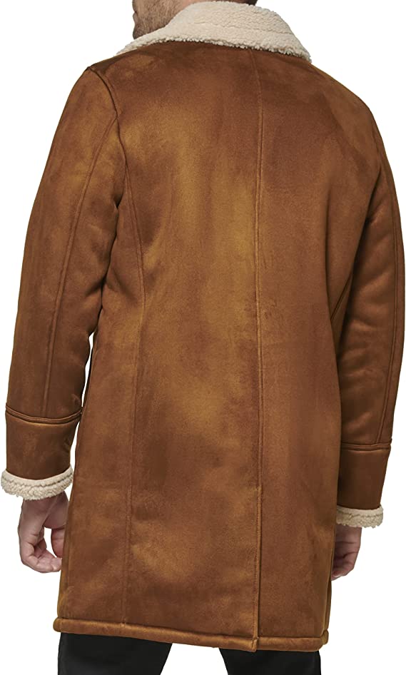 Men's Suede Leather Shearling Coat In Tan Brown