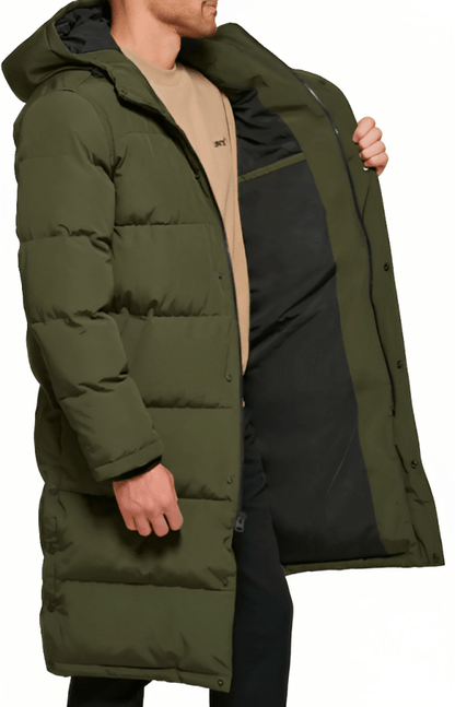 Men's Trench Puffer Coat In Khaki With Hood