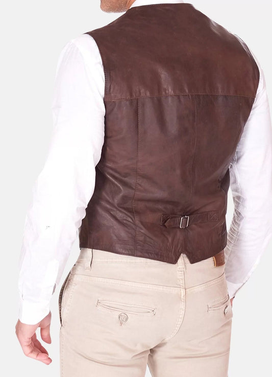 Men's Vintage Leather Vest In Dark Brown