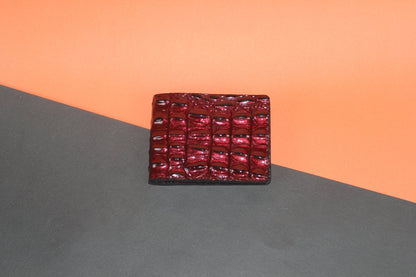 Unisex Genuine Leather Wallet With High-Glossed Maroon Crocodile Textured Finish | Exotic Bifold Mini Wallet