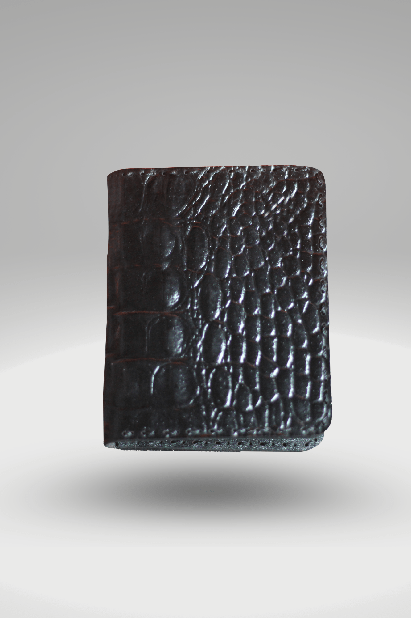 Men's Glossy Black Genuine Cowhide Leather Card Holder With Crocodile Textured Finish | Bifold Hand-Made Leather Card Holder