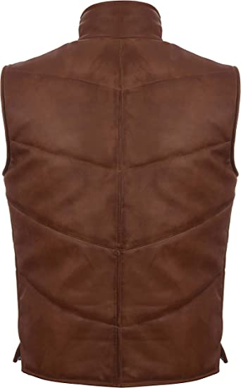 Men's Puffer Leather Vest In Brown