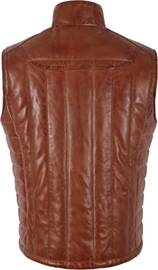 Men's Quilted Puffer Leather Vest In Brown