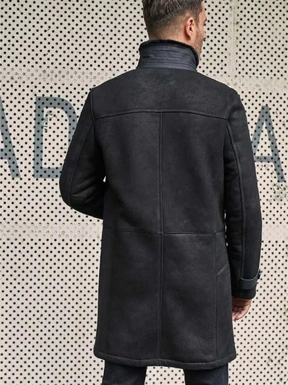 Men's Suede Leather Shearling Coat In Black
