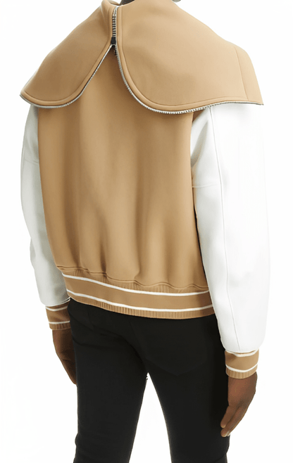 Men's Varsity Bomber Leather Jacket In Beige & White Sleeves